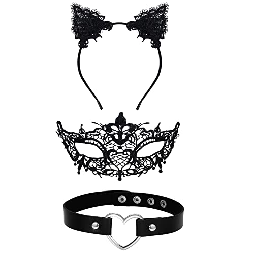 Vtrem Schwarze Spitze Maskerade Maske für Frauen, Spitze Katzenohren Stirnband, Goth Love Herz PU Leder Choker Halsband Kette, Katze Kostüm Mardi Gras Venezianische Masken Party Masken Set von Vtrem