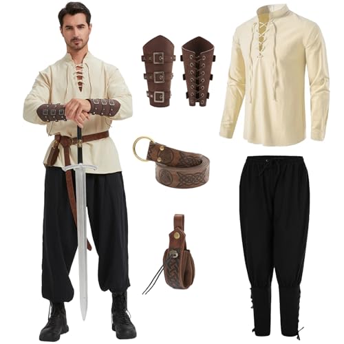 Mittelalter Kleidung Herren Renaissance Viktorian Piraten Hemd Top with Wikinger Hose Männer Medieval Pirat Costume with Kniebundhose Männer Armschützer Steampunk Ritter Gürtel von Vudarky