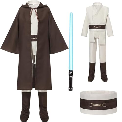 Vudarky Jed Kostüm Kinder Herren mit Lightsaber Sky Walk Cosplay Costume Ob Wan Kostuem Ritter Kostüm Kind Erwachsene Tunika Kapuzen Robe Hosen für Halloween Karneval von Vudarky