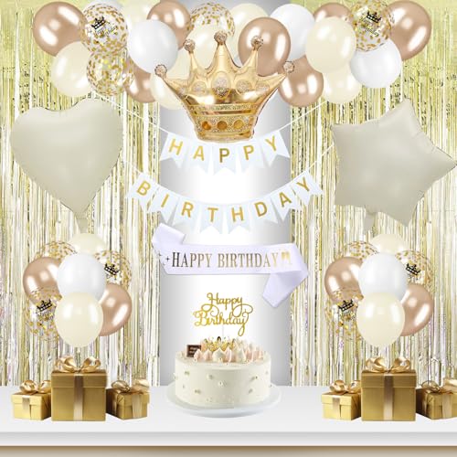 Geburtstagsdeko Beige Gold, Weiß Gold Geburtstag Party Deko Set, mit Happy Birthday Banner Schärpe und Geburtstagskrone Luftballons Lametta Vorhang für Frauen Mann Boho Geburtstag Party Deko Geburtstagsdeko Beige Gold, Weiß Gold Geburtstag Party Deko Set, mit Happy Birthday Banner Schärpe und Geburtstagskrone Luftballons Lametta Vorhang für Frauen Mann Boho Geburtstag Party Deko von Vuemhjaey