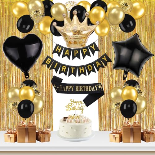 Geburtstagsdeko Schwarz Gold, Luftballons Geburtstag Dekoration Set für alle Altersgruppen mit Happy Birthday Banner Schärpe Geburtstagskrone Herz Stern Folie Konfetti Luftballons Lametta Vorhang Geburtstagsdeko Schwarz Gold, Luftballons Geburtstag Dekoration Set für alle Altersgruppen mit Happy Birthday Banner Schärpe Geburtstagskrone Herz Stern Folie Konfetti Luftballons Lametta Vorhang von Vuemhjaey
