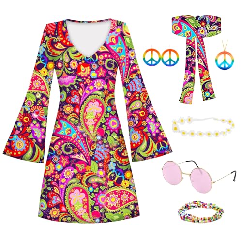 Vuemhjaey 70er Jahre Bekleidung Damen Kleid Set, 60er Jahre Kostüm Damen, 70er Jahre Kostüm Damen Faschings Kostüm kleid, Hippie Kleidung Damen Kostüm für Karneval Party (Stil 01, XL) von Vuemhjaey