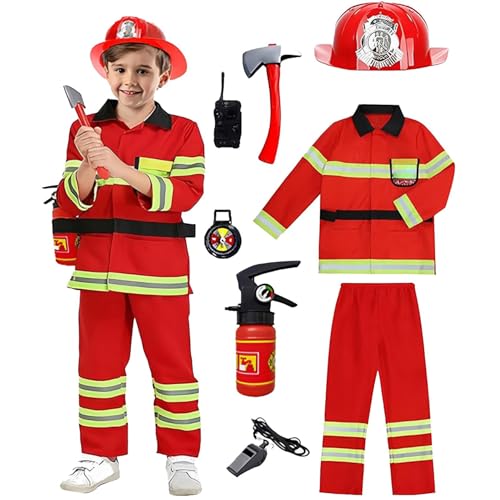 Vuncio Feuerwehr Kostüm Kinder Feuerwehrmann Kostüm für Kinder Feuerwehrchef Cosplay Rollenspiel Spielzeug Zubehör (Rot, 10-12 Jahre) von Vuncio