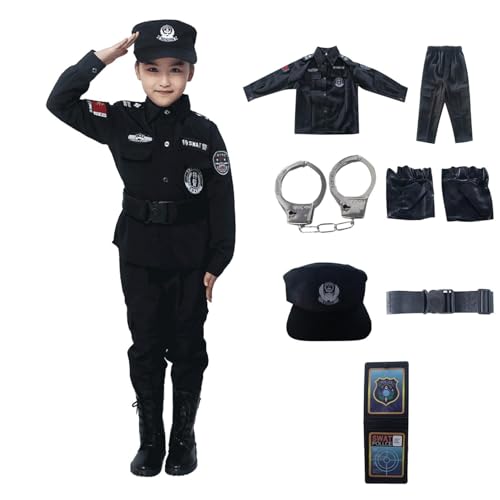 Vuncio Polizei Kostüm Kinder Mädchen Junge 3-10 Jahre Zubehör 7 Teilig Polizei Karneval Cosplay Hut + Oberteil + Hose + Gürtel + Handschellen + Handschuhe + Zertifikat (Schwarz, 3-4 Jahre) von Vuncio