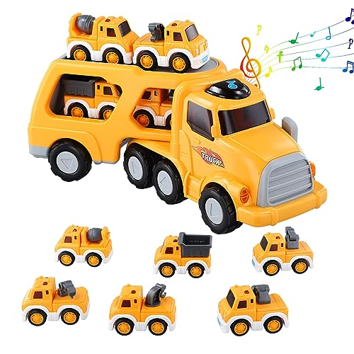 Vusddy 7-in-1 LKW Spielzeug für 2 3 4 5 6 Jahre Jungen, Kinder Autotransporter Spielzeug mit Bagger, Baustelle Fahrzeuge Spielzeug Set, Kinder Geschenk für Weihnachten und Geburtstag von Vusddy