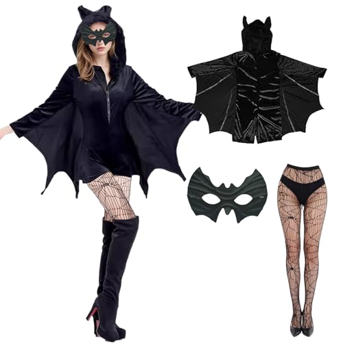 Vxcbad Halloween Kostüm Damen 3-Stück Schwarzes Fledermaus-Maske Fischnetzstrumpfhosen & Kleidungsset – Karneval Fledermaus Set von Vxcbad