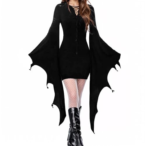 Vxcbad Gothic Kleid, unregelmäßiger Saum, Mardi Gras Vampir Kleid, Batwing Sleeve Schwarzes Kleid von Vxcbad