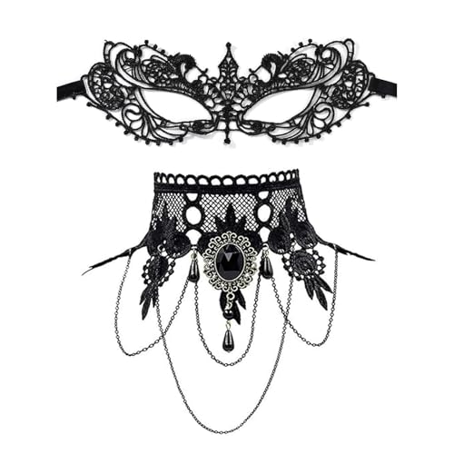 Vxcbad Katherine Pierce Maske Kostüm Maskenball Schwarzer Spitzen-Choker-Satz mit Stretch-Samtbändern Gothic-Tattoo-Design, passend zu jeder Kleidung für Partys Festivals Karneval von Vxcbad