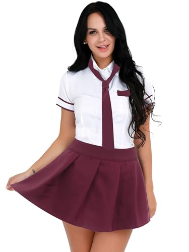 Vxuxlje Damen Cosplay Schulmädchen Kostüm Set Schuluniform Kurzarmhemd und Kariertem Rockmit Krawatte Mottoparty Bekleidungset Burgundy L von Vxuxlje