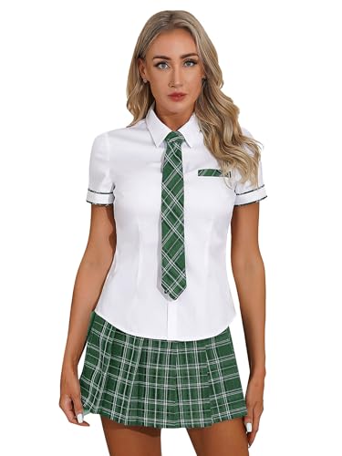 Vxuxlje Damen Cosplay Schulmädchen Kostüm Set Schuluniform Kurzarmhemd und Kariertem Rockmit Krawatte Mottoparty Bekleidungset Grün 3XL von Vxuxlje