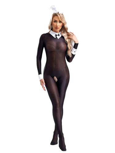 Vxuxlje Damen Overall Bunny Kostüm Langarm Durchsichtig Bodystocking Stretch Ganzkörperanzug Einteiler Bodysuit Schwarz M von Vxuxlje