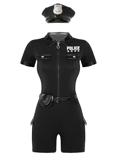 Vxuxlje Damen Polizei Kostüm Polizistin Uniform Cop Outfits Karneval Faschingskostüm Jumpsuit Kurzarm Body Einteiler Bodysuit Schwarz 3XL von Vxuxlje