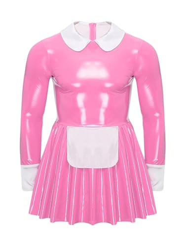 Vxuxlje Herren Dienstmädchen Kostüm Sissy Kleid Optik Leder Minikleid Mann Lacklederkleid Cosplay Maid Mottoparty Kleid Rosa 4XL von Vxuxlje