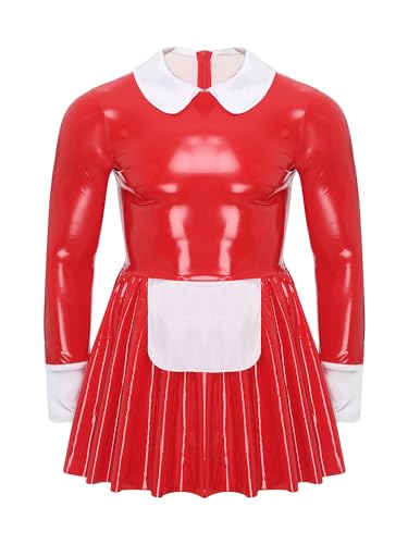 Vxuxlje Herren Dienstmädchen Kostüm Sissy Kleid Optik Leder Minikleid Mann Lacklederkleid Cosplay Maid Mottoparty Kleid Rot XXL von Vxuxlje