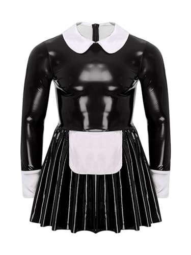 Vxuxlje Herren Dienstmädchen Kostüm Sissy Kleid Optik Leder Minikleid Mann Lacklederkleid Cosplay Maid Mottoparty Kleid Schwarz 3XL von Vxuxlje