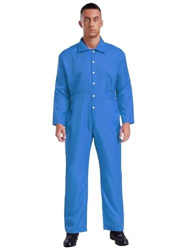 Vxuxlje Herren Mechaniker Kostüm Cosplay Bankräuber Maleranzug Ganzkörperanzug Arbeitsoverall Langarm Body Blau 3XL von Vxuxlje