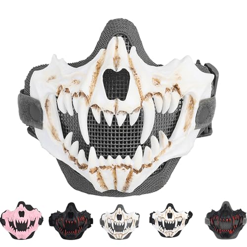 Vyloky Japanische Schädel Halbmaskev,Tiger Maske,Ye Yaksha Drachengott Schwarze Masken, Harz Grusel Horror Ninja Maske Kostüm Requisiten,Halloween Cosplay Dekoration (Graues Gesicht Weiße Zähne) von Vyloky