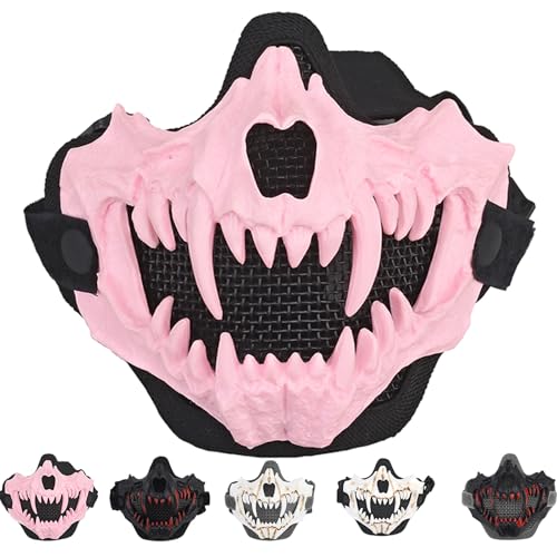 Vyloky Japanische Schädel Halbmaskev,Tiger Maske,Ye Yaksha Drachengott Schwarze Masken, Harz Grusel Horror Ninja Maske Kostüm Requisiten,Halloween Cosplay Dekoration (Schwarzes Gesicht Rosa Zähne) von Vyloky