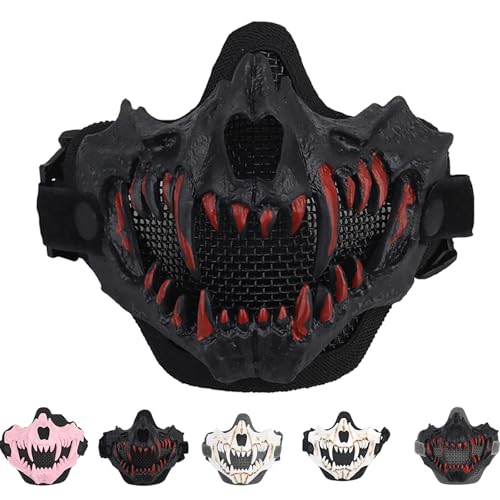 Vyloky Japanische Schädel Halbmaskev,Tiger Maske,Ye Yaksha Drachengott Schwarze Masken, Harz Grusel Horror Ninja Maske Kostüm Requisiten,Halloween Cosplay Dekoration (Schwarzes Gesicht Rote Zähne) von Vyloky