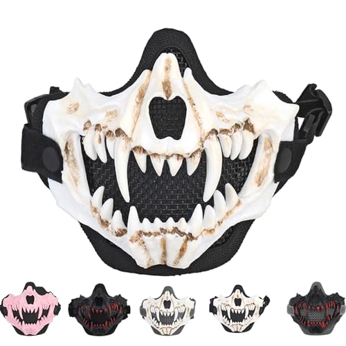 Vyloky Japanische Schädel Halbmaskev,Tiger Maske,Ye Yaksha Drachengott Schwarze Masken, Harz Grusel Horror Ninja Maske Kostüm Requisiten,Halloween Cosplay Dekoration (Schwarzes Gesicht Weiße Zähne) von Vyloky