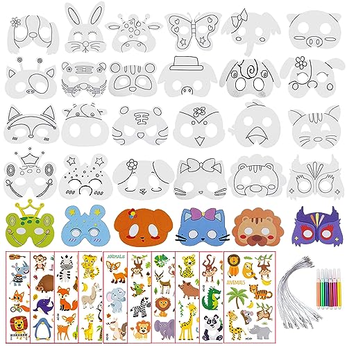 34Stück Masken zum Ausmalen Kinder Masken zum Bemalen Kinder Masken Basteln Kinder Papier Kinder Tier Maske Set mit Kinder Tier Tattoo Aufkleber für Dschungelparty Allerheiligen Verkleidungsparty von W Rxkiocs