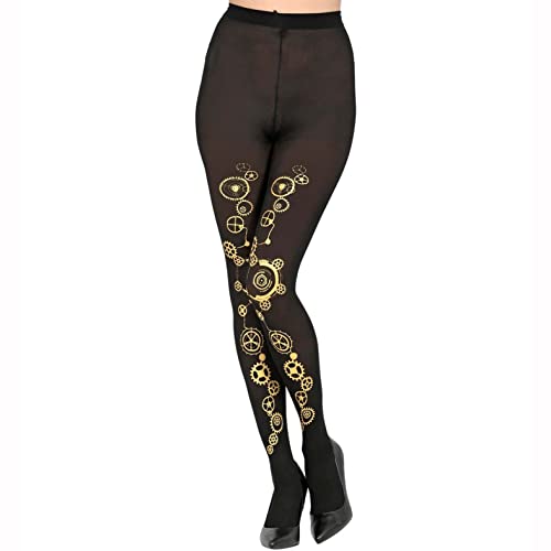 W WIDMANN MILANO Party Fashion 29349 - Strumpfhose Steampunk, 50 DEN, Schwarz mit Goldenen Zahnrädern, Karneval, Mottoparty von W WIDMANN MILANO Party Fashion