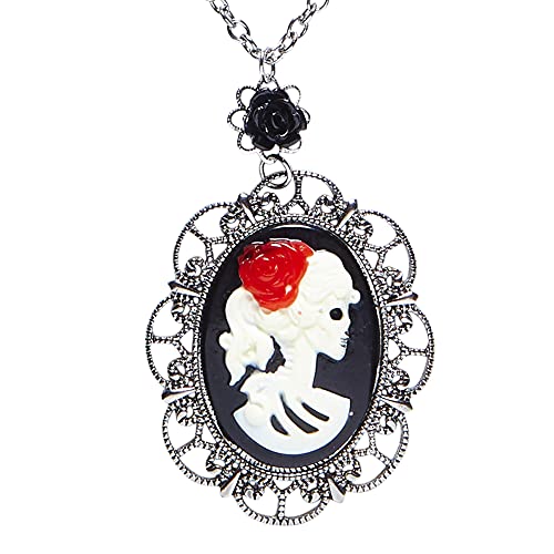 Widmann 03587 - Halskette mit schwarzer Rose und Totenkopf-Cameo, Schmuck, Halsband, Dia de los Muertos, Halloween, Karneval, Mottoparty von W WIDMANN MILANO Party Fashion