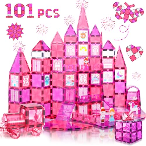 W WISE BLOCK Magnetische Bausteine 101PCS mit Autos, Prinzessin Magnetische Bauklötze, STEM Konstruktionsspielzeug für 3 4 5 6 7 8 Jahre Junge Mädch, Rosa von W WISE BLOCK