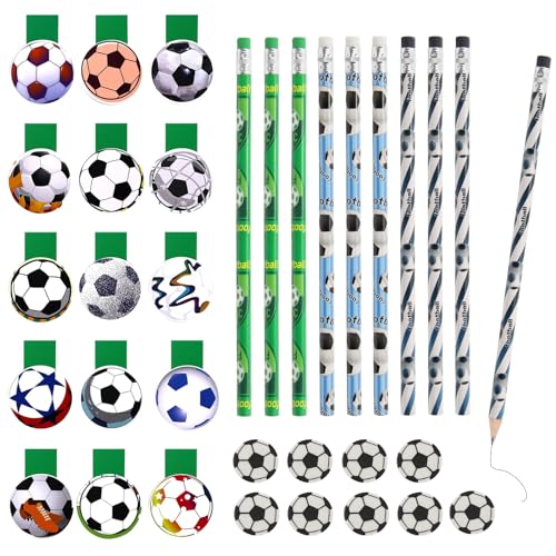 WACH AUF 15Pcs Fußball Lesezeichen Magnetische + 9Pcs Fussball Bleistifte + 9Pcs Kinder Radiergummi, Magnet Fußball Lesezeichen Seite Marker für Mitgebsel Fußball Schule Geburtstag Junge von WACH AUF