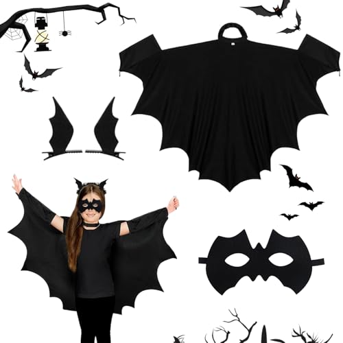 WACH AUF 3 Teiliges Set Halloween Bat Costume Fledermaus Kostüm Kinder Maske Fledermausflügel Haarspangen Vampir Schwarzer Umhang Cape für Mädchen Junge Halloween Cosplay Party Karneval von WACH AUF