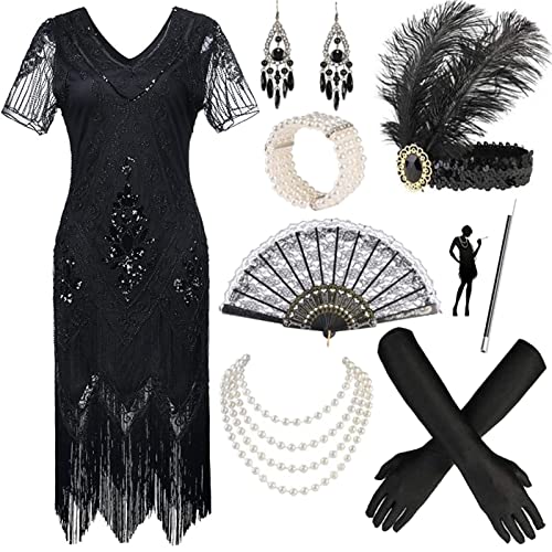 WAENCI Damen Vintage 1920er Jahre Zubehör-Set Flapper Kleid Pailletten Fransen Perlen Art Deco Verkleidung mit Ärmel für Party Prom Karneval Cosplay Party Dekoration Party Dress Up Schwarz L von WAENCI