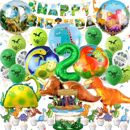 Dino Geburtstag Deko 2 Jahre, WAHYGG Dinosaurier Geburtstagsdeko Luftballons, Dinosaurier Geburtstag Deko Set, Dino Deko Kindergeburtstag Set mit Tortendeko Happy Birthday Banner Folienballon von WAHYGG
