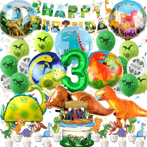 Dino Geburtstag Deko 3 Jahre, WAHYGG Dinosaurier Geburtstagsdeko Luftballons, Dino Deko Kindergeburtstag Set, Dinosaurier Geburtstag Deko Set mit Tortendeko Happy Birthday Banner Folienballon von WAHYGG