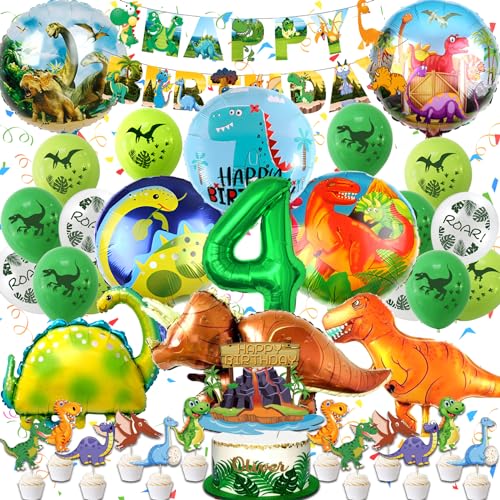 Dino Geburtstag Deko 4 Jahre, WAHYGG Dinosaurier Geburtstagsdeko Luftballons, Dino Deko Kindergeburtstag Set, Dinosaurier Geburtstag Deko Set mit Tortendeko Happy Birthday Banner Dino Luftballon von WAHYGG