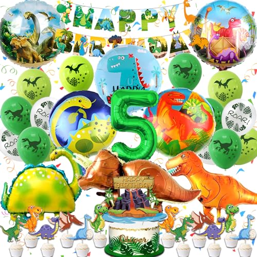 Dino Geburtstag Deko 5 Jahre, Dinosaurier Geburtstag Deko Set, WAHYGG Dinosaurier Geburtstagsdeko Luftballons, Dino Deko Kindergeburtstag Set mit Tortendeko Happy Birthday Banner Folienballon von WAHYGG