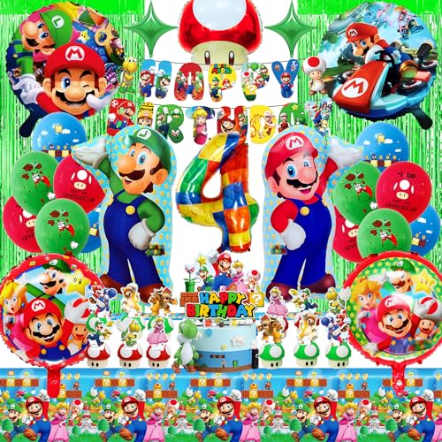 Super Mario Deko Geburtstag - 39 Stück Super Mari Geburtstagsdeko 4 Jahre, Wahygg Dekorationsset für Jungen Mario Party, mit Luftballons, Partyvorhang, Banner, Tischdecke, Tortendeko von WAHYGG