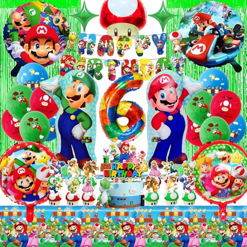 Super Mari Geburtstag Deko 6 Jahre - 39 Stück Party Deko Set für Jungen, Geburtstagsdeko Mario 6 Jahre, Luftballons Geburtstag für Mario Kart, Geburtstagsfeier Deko für Kinder von WAHYGG