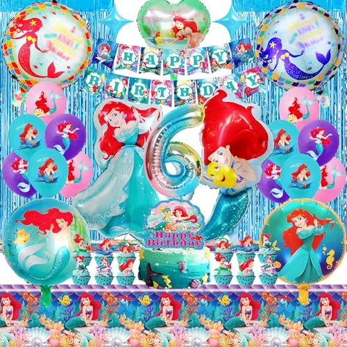 Meerjungfrau Geburtstag Deko, 39 Stück Ariel Geburtstag Deko 6 Jahre, Wahygg Exquisite Ariel Geburtstagsdeko mit 3D Luftballon Ariel, Tortendeko, Partyvorhang, Tischdecken von WAHYGG