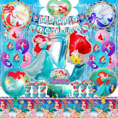 Ariel Geburtstag Deko 7 Jahre, 39 Stück Meerjungfrauen Deko Kindergeburtstag, Wahygg Exquisite Ariel Geburtstagsdeko, Party Deko mit 3D Luftballon Ariel, Tortendeko, Partyvorhang, Tischdecken, Banner von WAHYGG