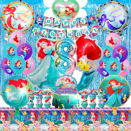 Ariel Geburtstagsdeko 8 Jahre, 39 Stück Meerjungfrauen Deko Kindergeburtstag, Unterwasserwelt Party Deko mit Luftballon Ariel, Tortendeko, Partyvorhang, Tischdecken von WAHYGG
