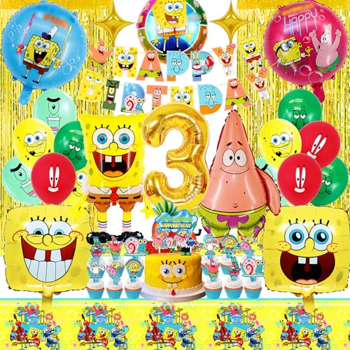 Spongebo Folienballon Geburtstagsdeko 3 Jahre, 39 Stück Spongebo Party Deko mit Glitzervorhang,Tischtücher, Happy Birthday Girlande und Kuchendeko,Geburtstagsüberraschung für Jungen und Mädchen von WAHYGG