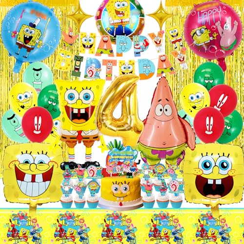 Spongebo Folienballon Geburtstagsdeko 4 Jahre, 39 Stück Spongebo Party Deko mit Glitzervorhang,Tischtücher, Happy Birthday Girlande und Kuchendeko,Geburtstagsüberraschung für Jungen und Mädchen von WAHYGG