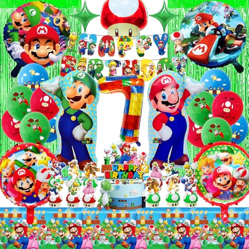 Super Mario Deko Geburtstag - 39 Stück Party Dekorations Kit für Kinder 7 Jahre, Luftballons 7 Geburtstag für Mario, Thema Dekoration Geburtstag für Kinder Jungen Mädchen von WAHYGG