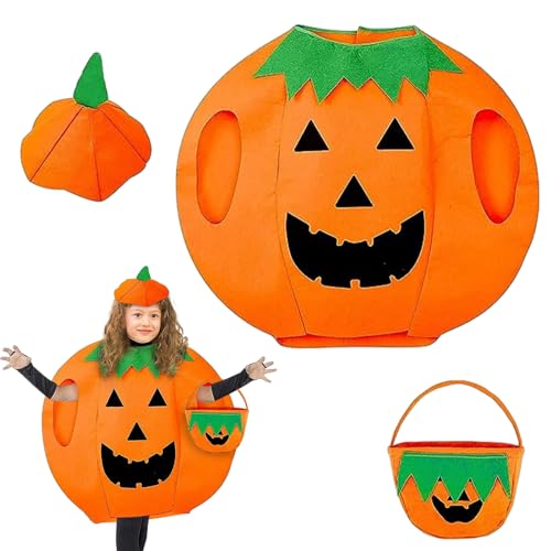 WAIMXDAO Halloween Kürbis Kostüm, Kinder Kürbis Kostüm,Kürbiskostüm Halloween, Kürbis Kostüm mit Kürbis Tasche, Unisex Kostüm Kürbis Outfit Kleidung für Halloween Party(Kinder) von WAIMXDAO