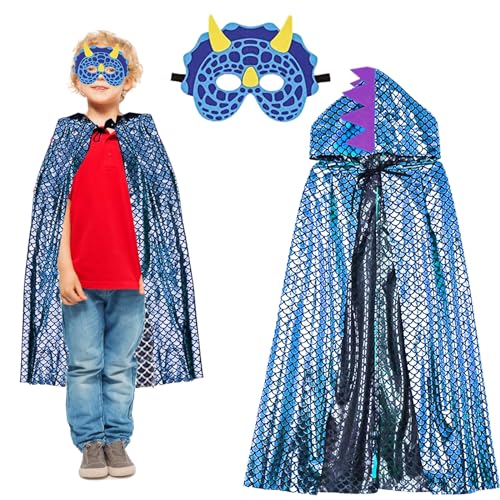 WAIMXDAO Karneval Dinosaurier Umhang,Dinosaurier Umhang Für Junge Mädchen,Kinder Glitzernder Dinosaurier Umhang Mit Mask Für Rollenspiel Halloween Themenparty Maskerade, Jungen Mädchen (Blau) von WAIMXDAO