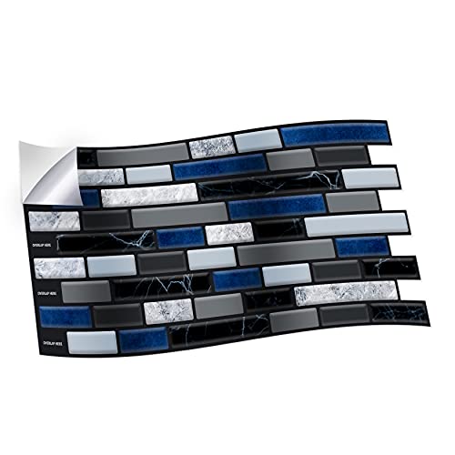 WALPLUS 12 Stück (28,5 x 14 cm) Lux Touch Grau und Blau Marmor Lange Mosaik Wandfliesen Aufkleber Peel & Stick Backsplash Vinyl Home Decor Splashback für Küche Bad Fliesen Paint Stick auf Wand von WALPLUS