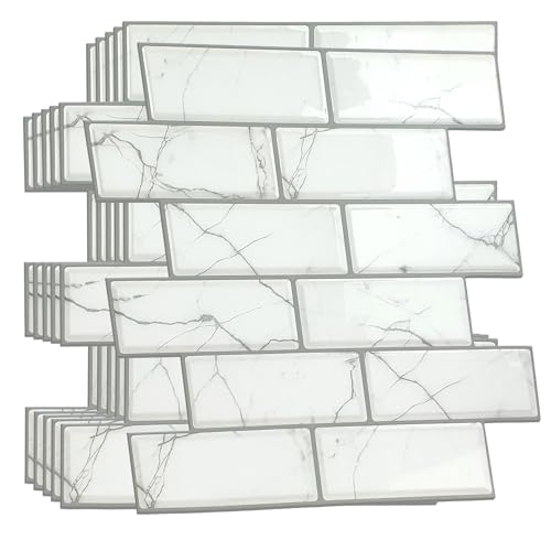 WALPLUS 12 Stück 30.5x15.4cm Weißer Marmor Eklektisch Weiß 3D-Fliesenaufkleber Abziehen und Aufkleben Backsplash Abziehbilder Startseite Dekore Aufkantung für Küche Badezimmer Kacheln Farbe auf Wand von WALPLUS