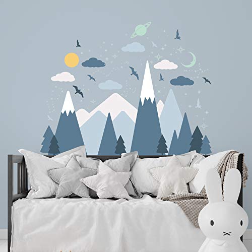 WALPLUS Wandtattoo, Motiv: blaue Berge unter dem leuchtenden Himmel, 114 x 143 cm, für Kleinkinder, Schlafzimmer, niedliche Wimpern, abnehmbar, Vinyl, Kinderzimmerdekoration, Geschenkidee zum Aufkleben von WALPLUS