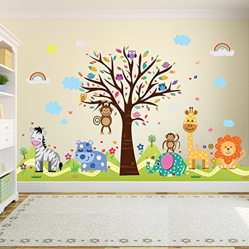 Wallflexi Büro Zuhause Dekoration Happy Hills & Zoo " Wandschmuck Abnehmbare Selbstklebend Kinderzimmer Kindergarten Schule Baby Kleinkind Kinderzimmer Dekoration, Mehrfarbig von WALPLUS