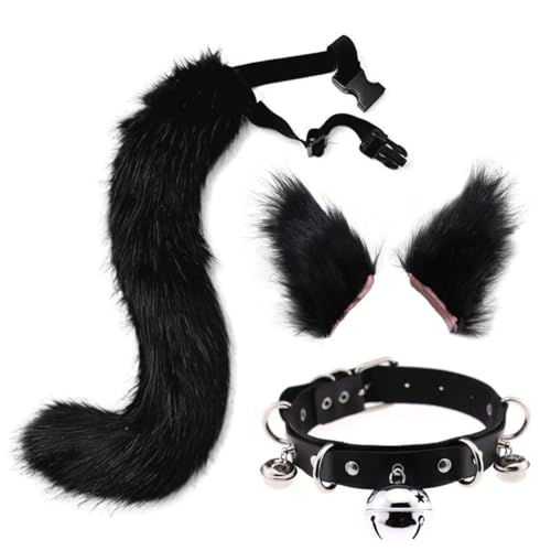 Therian Tail und wolfsohren Set Kunstfell Haarspange Furry kostüm mit Hals Chocker,Cosplay Kostüm für Kinder Erwachsene Halloween Party (one Size,Farbe 1) von WANAHTON